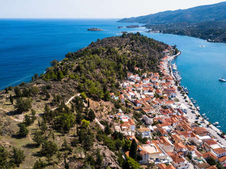 Top view of harbor on Poros island, Aegean sea, Greece.