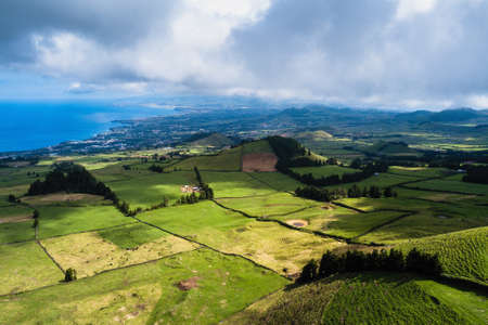 Aerial view of Green fields of San Miguel island, Azores, Portugal.の写真素材