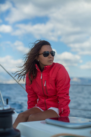 POROS, GREECE - OCT 9, 2018: Sailors participate in sailing regatta 20th Ellada Autumn 2018 among Greek island group in the Aegean Sea, in Cyclades and Saronic Gulf.のeditorial素材