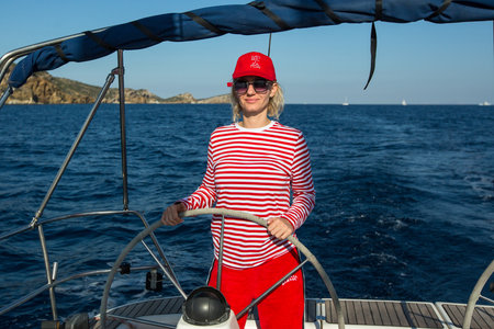 METHANA, GREECE - OCT 7, 2018: Sailors participate in sailing regatta 20th Ellada Autumn 2018 among Greek island group in the Aegean Sea, in Cyclades and Saronic Gulf.のeditorial素材