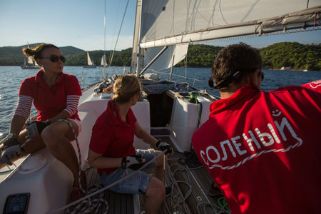 POROS, GREECE - OCT 9, 2018: Sailors participate in sailing regatta 20th Ellada Autumn 2018 among Greek island group in the Aegean Sea, in Cyclades and Saronic Gulf.のeditorial素材