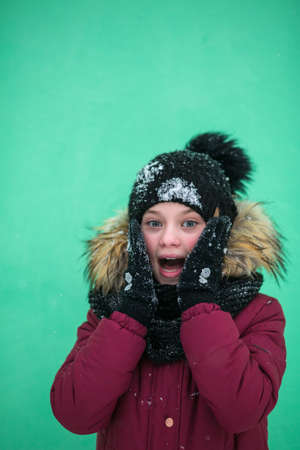 Scream - little girl outdoor in amazing winter.