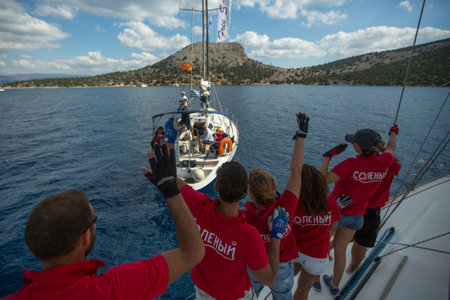 POROS, GREECE - OCT 9, 2018: Sailors participate in sailing regatta 20th Ellada Autumn 2018 among...