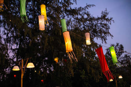 Chinese lanterns are hung in the trees at night.