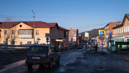 SHEREGESH, RUSSIA - MAR 10, 2019: On one of the streets of Sheregesh urban-type settlement in Mountain Shoria. It is now one of the most popular winter sports resort where more than million of touristのeditorial素材
