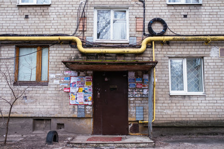 VORONEZH, RUSSIA - MAR 29, 2019: Facade of one of the typical houses. At the moment city was on the 14th place among the cities of Russia in terms of population, more one million people as 2019.のeditorial素材