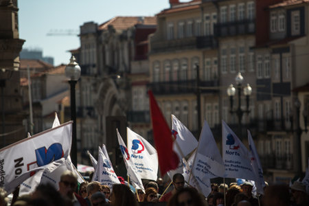 PORTO, PORTUGAL - MAY 1, 2019: Celebration of May Day in the Oporto centre. General Confederation of Portuguese workers, traditionally associated with the Communist party, has 800.000 members.のeditorial素材