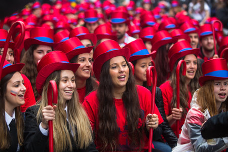 PORTO, PORTUGAL - MAY 7, 2019: During Cortejo Queima das Fitas - annual festivity of Portuguese students of universities. The graduates wear a top-hat and a walking-cane, both colour of their Faculty.のeditorial素材