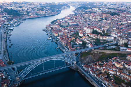 Aerial view of Douro river and Dom Luis I bridge in Porto, Portugal.の写真素材