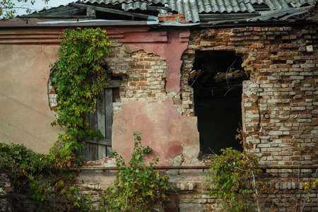 Facade of an abandoned old house, Voronezh, Russia.の写真素材