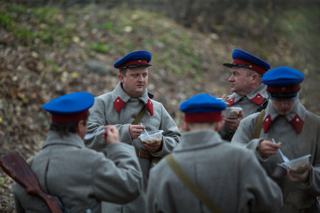 VORONEZH, RUSSIA - NOV 10, 2019: Participants of military-historical reconstruction, dedicated to combat action in 1941 during WWII. More than 200 reenactors are involved in reconstruction of battle.のeditorial素材