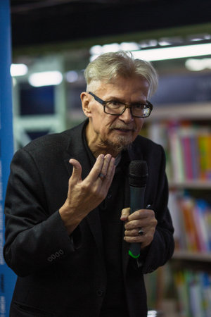 VORONEZH, RUSSIA - NOV 9, 2019: Eduard Limonov - Russian nationalist writer, politician, founder and former leader of the banned National Bolshevik Party, during an open meeting at Amital book club.のeditorial素材
