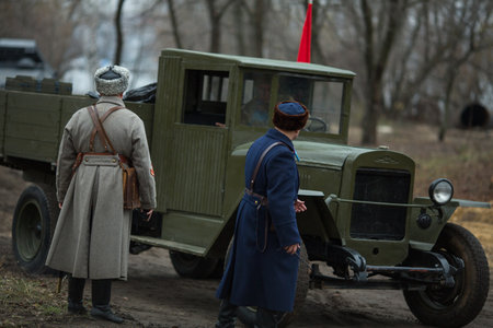 VORONEZH, RUSSIA - NOV 10, 2019: Participants of military-historical reconstruction, dedicated to combat action in 1941 during WWII. More than 200 reenactors are involved in reconstruction of battle.のeditorial素材