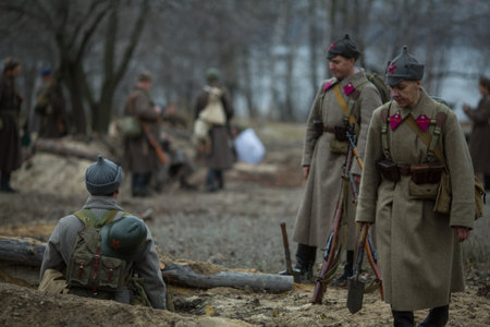 VORONEZH, RUSSIA - NOV 10, 2019: Participants of military-historical reconstruction, dedicated to combat action in 1941 during WWII. More than 200 reenactors are involved in reconstruction of battle.のeditorial素材