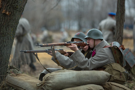 VORONEZH, RUSSIA - NOV 10, 2019: Participants of military-historical reconstruction, dedicated to...