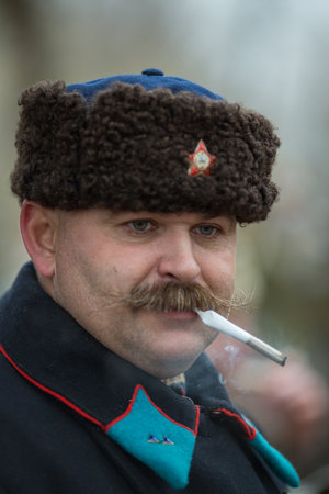 VORONEZH, RUSSIA - NOV 10, 2019: Participants of military-historical reconstruction, dedicated to combat action in 1941 during WWII. More than 200 reenactors are involved in reconstruction of battle.のeditorial素材