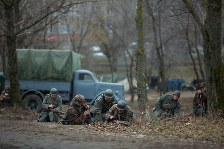 VORONEZH, RUSSIA - NOV 10, 2019: Participants of military-historical reconstruction, dedicated to...