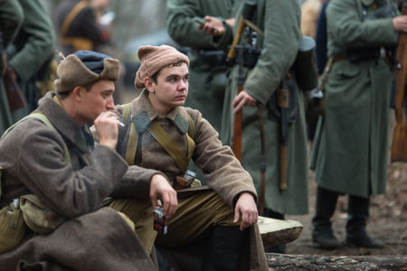 VORONEZH, RUSSIA - NOV 10, 2019: Participants of military-historical reconstruction, dedicated to combat action in 1941 during WWII. More than 200 reenactors are involved in reconstruction of battle.のeditorial素材