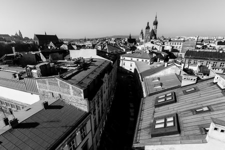 View from the roof of the old city of Krakow, Poland. Black and white photo.のeditorial素材