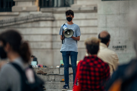 PORTO, PORTUGAL - SEP 25, 2020: During the Global Strike for Climate. Participants arranged an...