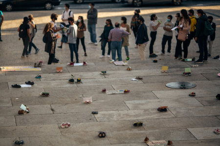 PORTO, PORTUGAL - SEP 25, 2020: During the Global Strike for Climate. Participants arranged an...