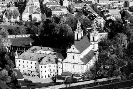 Aerial view of the Church of St. Stanislaus Bishop in Krakow, Poland. Black and white photo.のeditorial素材