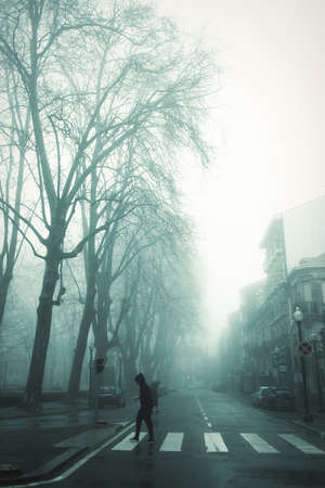 View of the deserted foggy street, Porto, Portugal.