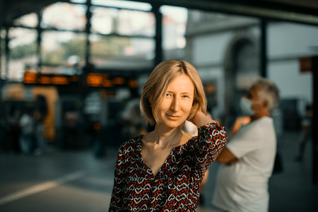 Portrait of a woman close-up in the train station.の写真素材