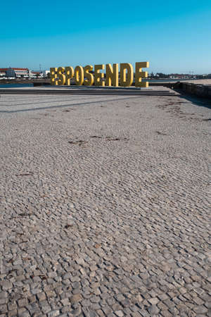 The promenade of Esposende with large letters of the city name, Esposende, Portugal.の写真素材