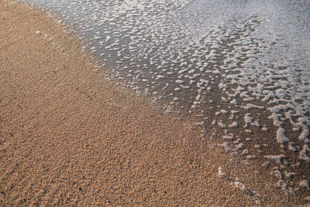 The beach sand texture with the foam of the surf close-up.