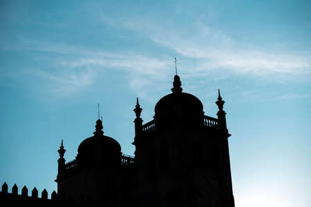 Dusk silhouette of the Se do Porto Cathedral in Porto, Portugal.の写真素材