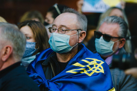 PORTO, PORTUGAL - FEB 27, 2022: During a demonstration against the Russian invasion of the Ukraine....