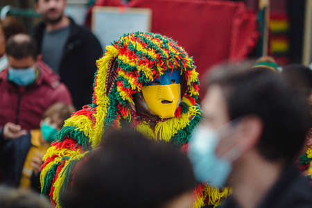 PODENCE, PORTUGAL - MAR 1, 2022: During the ancient Carnival held in the village of Podence. Is one of the most important traditional events of northern Portugal, UNESCO Intangible World Heritage.のeditorial素材