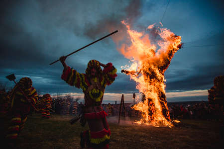 PODENCE, PORTUGAL - MAR 1, 2022: During the ancient Carnival held in the village of Podence. Is one of the most important traditional events of northern Portugal, UNESCO Intangible World Heritage.のeditorial素材