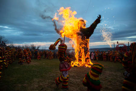 PODENCE, PORTUGAL - MAR 1, 2022: During the ancient Carnival held in the village of Podence. Is one of the most important traditional events of northern Portugal, UNESCO Intangible World Heritage.のeditorial素材