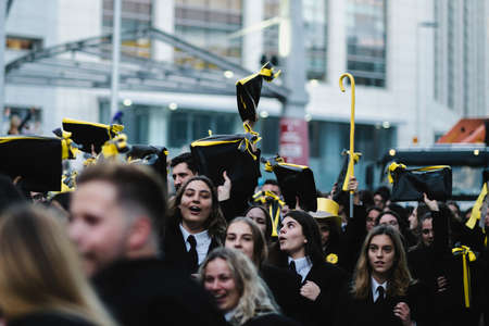 PORTO, PORTUGAL - MAY 3, 2022: During Queima das Fitas - annual festivity of Portuguese students of universities. Ceremony returned to Porto after being canceled in the last two years due to pandemic.のeditorial素材
