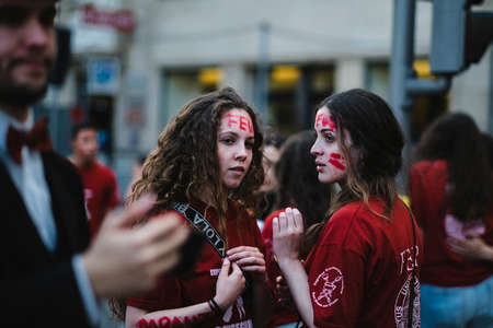PORTO, PORTUGAL - MAY 3, 2022: During Queima das Fitas - annual festivity of Portuguese students of universities. Ceremony returned to Porto after being canceled in the last two years due to pandemic.のeditorial素材