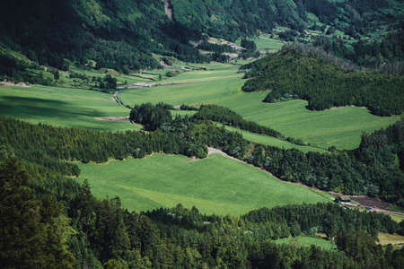 Panorama of San Miguel Island meadows, Azores Archipelago, Portugal.