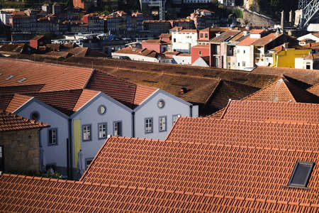 View of the port wine cellars rooftops in Vila Nova de Gaia, Porto, Portugal.