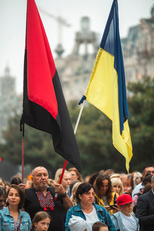 PORTO, PORTUGAL - AUG 24, 2022: Ukrainians gathered near the municipality of Porto to celebrate...