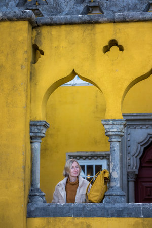 A woman tourist in the Palace da Pena in Sintra, Lisboa, Portugal.の写真素材