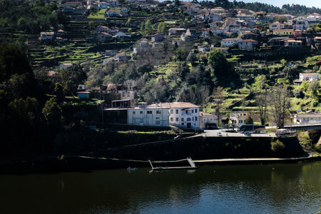 A view of the village on the banks of the Douro River.の写真素材