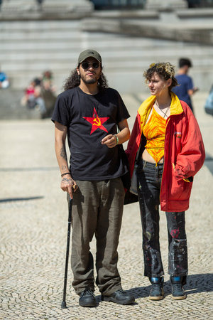 PORTO, PORTUGAL - MAY 1, 2023: During celebration of May Day in the Porto historical centre. In Portugal, it was after the Carnation Revolution 1974, that the May Day was again freely commemorated.のeditorial素材