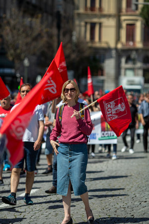 PORTO, PORTUGAL - MAY 1, 2023: During celebration of May Day in the Porto historical centre. In Portugal, it was after the Carnation Revolution 1974, that the May Day was again freely commemorated.のeditorial素材