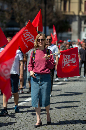 PORTO, PORTUGAL - MAY 1, 2023: During celebration of May Day in the Porto historical centre. In Portugal, it was after the Carnation Revolution 1974, that the May Day was again freely commemorated.のeditorial素材