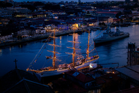 PORTO, PORTUGAL - MAY 21, 2023: The training ship Sagres is in Porto to celebrate the Navy Day on May 20. Ship returns 25 years later, since 1998 it had not sailed the waters of the Douro River.のeditorial素材