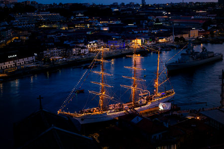 PORTO, PORTUGAL - MAY 21, 2023: The training ship Sagres is in Porto to celebrate the Navy Day on May 20. Ship returns 25 years later, since 1998 it had not sailed the waters of the Douro River.のeditorial素材