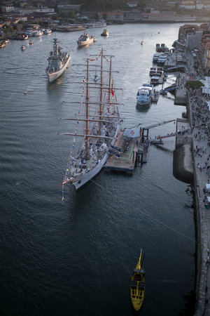 PORTO, PORTUGAL - MAY 19, 2023: The training ship Sagres is in Porto to celebrate the Navy Day on May 20. Ship returns 25 years later, since 1998 it had not sailed the waters of the Douro River.のeditorial素材