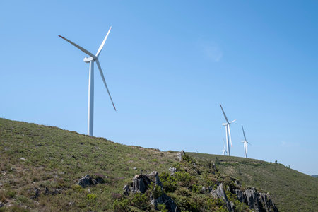 Wind power stations in the mountains. Wind farms.の写真素材