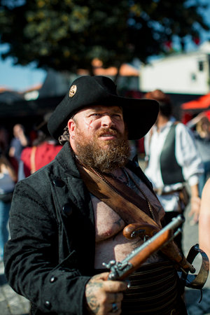 PORTO, PORTUGAL - JUL 7, 2023: During the annual Pirates Leca da Palmeira festival in Matosinhos Castle built 1638. Held by the municipality in order to preserve the historical and cultural heritage.のeditorial素材